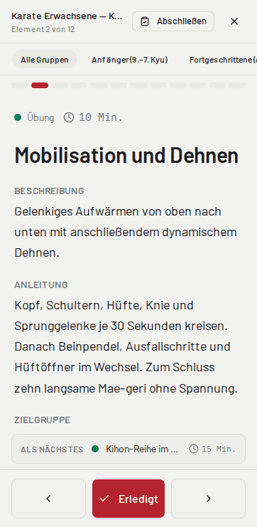Die Durchführung auf dem Handy: das laufende Element „Mobilisation und Dehnen" mit Dauer, Beschreibung und Anleitung, darunter der Hinweis auf das nächste Element.