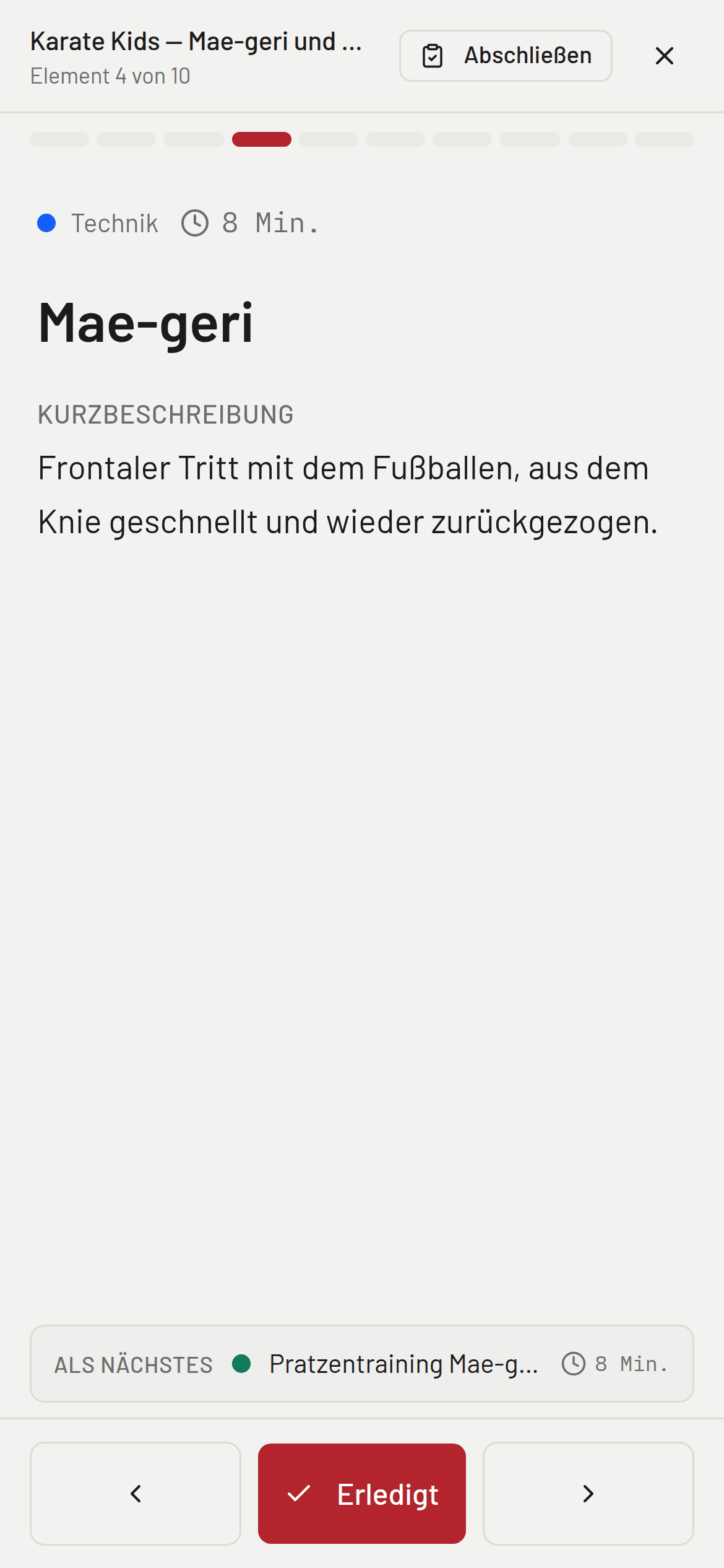 Die Durchführung auf dem Handy: aktuelles Element „Mae-geri" mit Dauer und Kurzbeschreibung, Fortschrittsbalken und der Hinweis, was als Nächstes kommt.